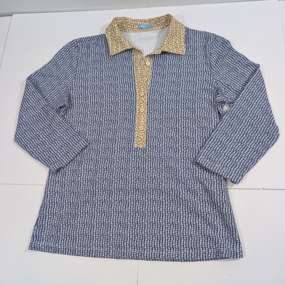 J.McLaughlin Womens Navy Geometric Print 3/4 Sleeve Polo Top Size Small